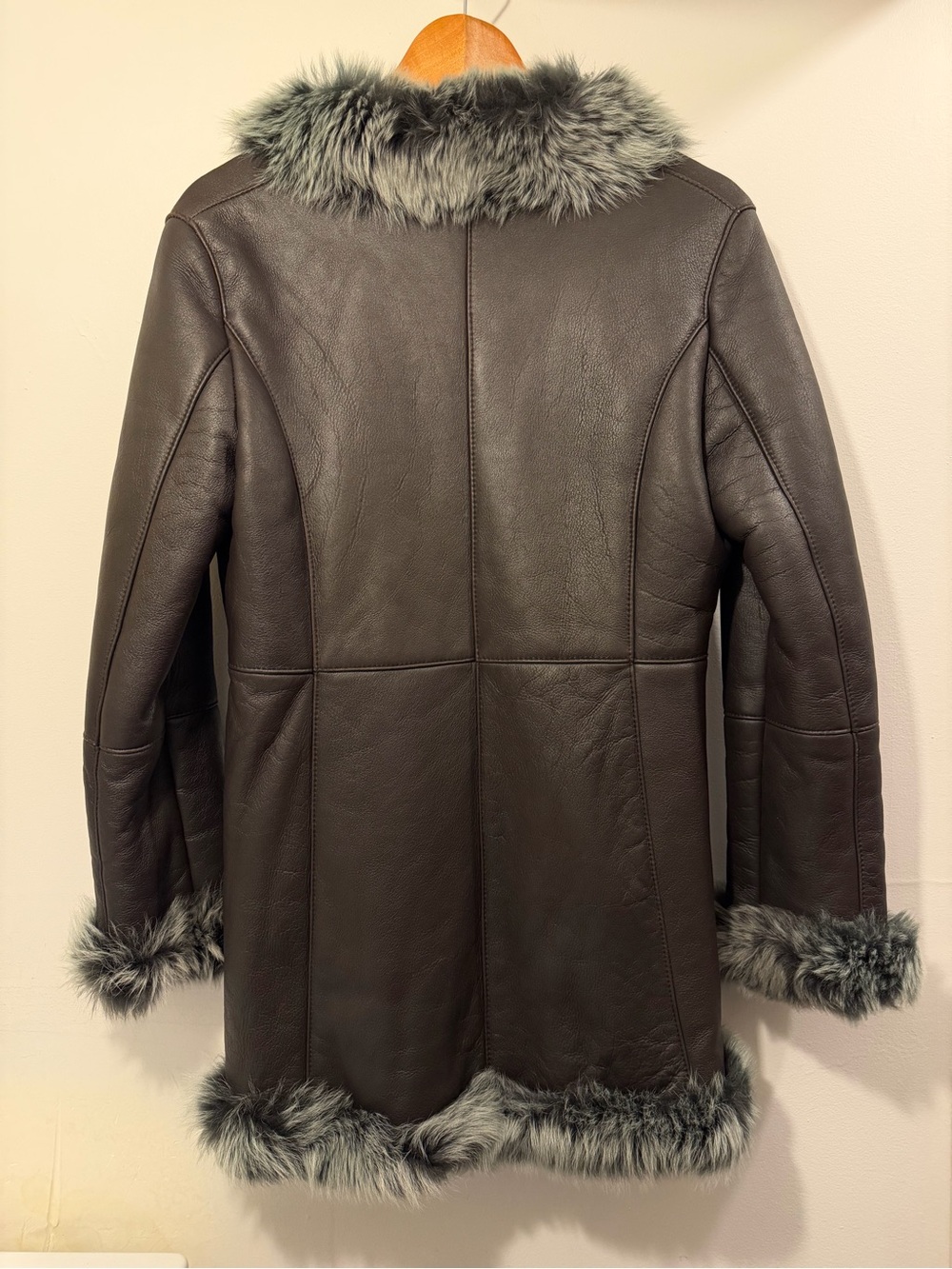 Shearling Leather Coat brown with silver trim penny lane - Picture 2 of 9